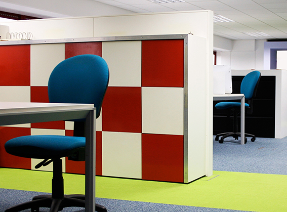 office interior with bold and vibrant colour scheme