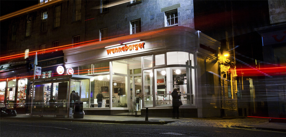 Exterior evening image of the popular burger venue.